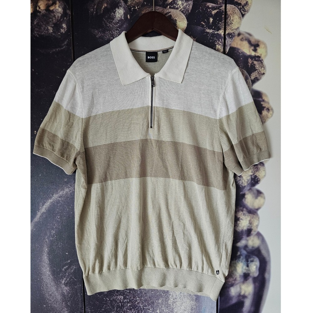 Hugo Boss Trieste Quarter Zip Knit Polo Shirt Beige Tan Linen Blend Men's Small